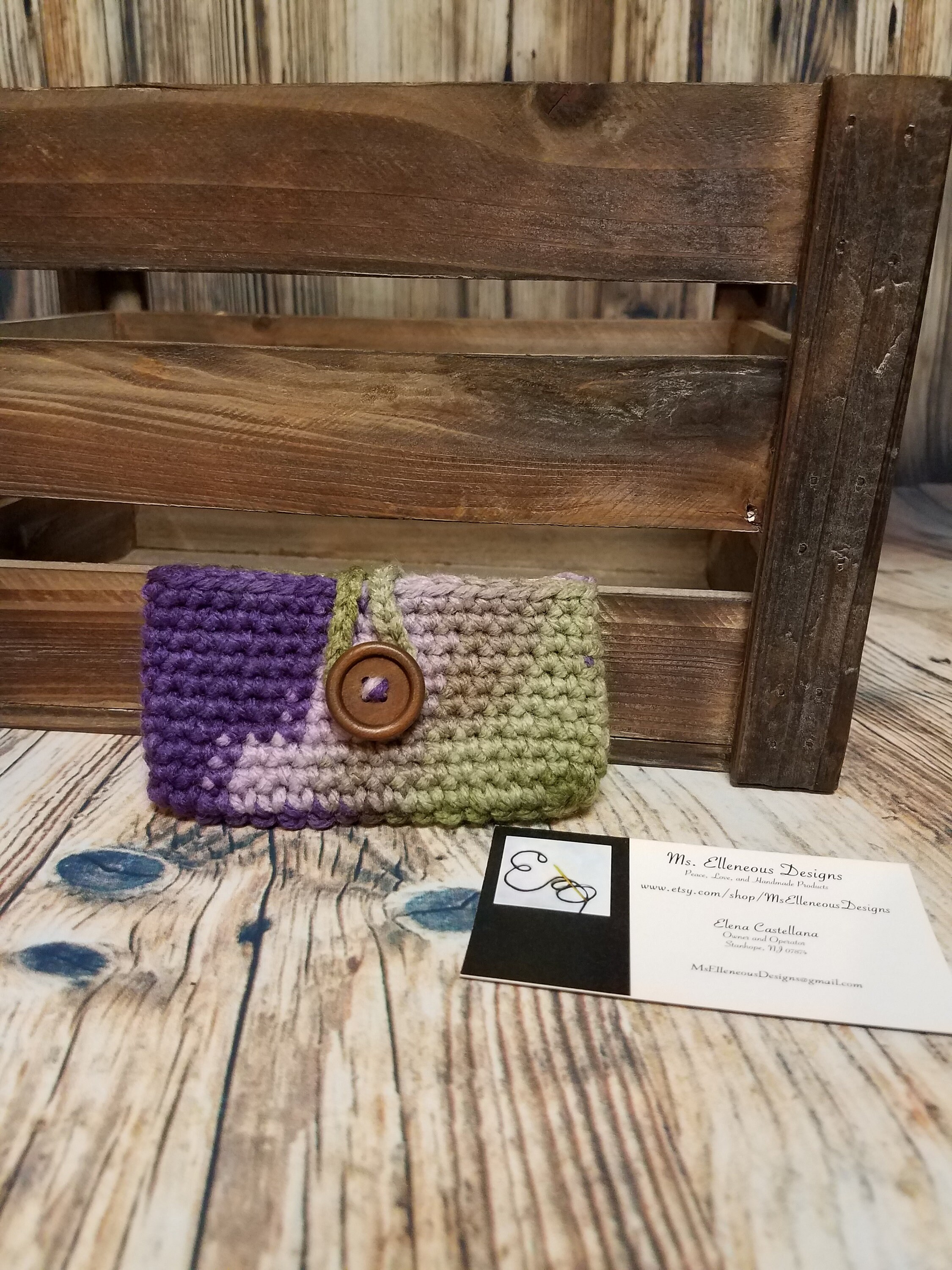 Crocheted Business Card holder with wooden button closure crocheted credit card holder purple and green