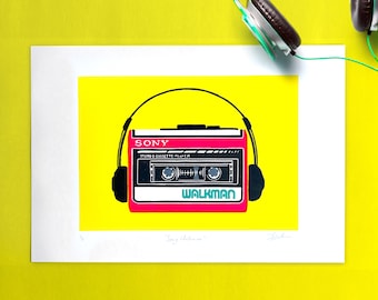 Walkman Original Lino Print - Neon Pink & Teal