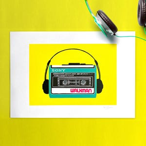 Stampa originale in linoleum Walkman - Verde acqua e rosa