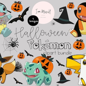 May include: Halloween themed clipart bundle featuring nine images of Pokemon characters dressed in costumes. The characters include Pikachu, Charmander, Bulbasaur, Squirtle, and Eevee. The images are in a cartoon style and feature bright colours.