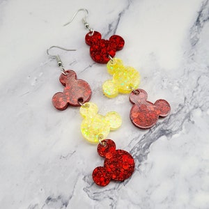 Mickey Dangle Earrings / Mickey Head Earrings / Disney Inspired Earrings / Fashion Dangle Earrings / Vacation Earrings / Glitter Resin Red/Yellow