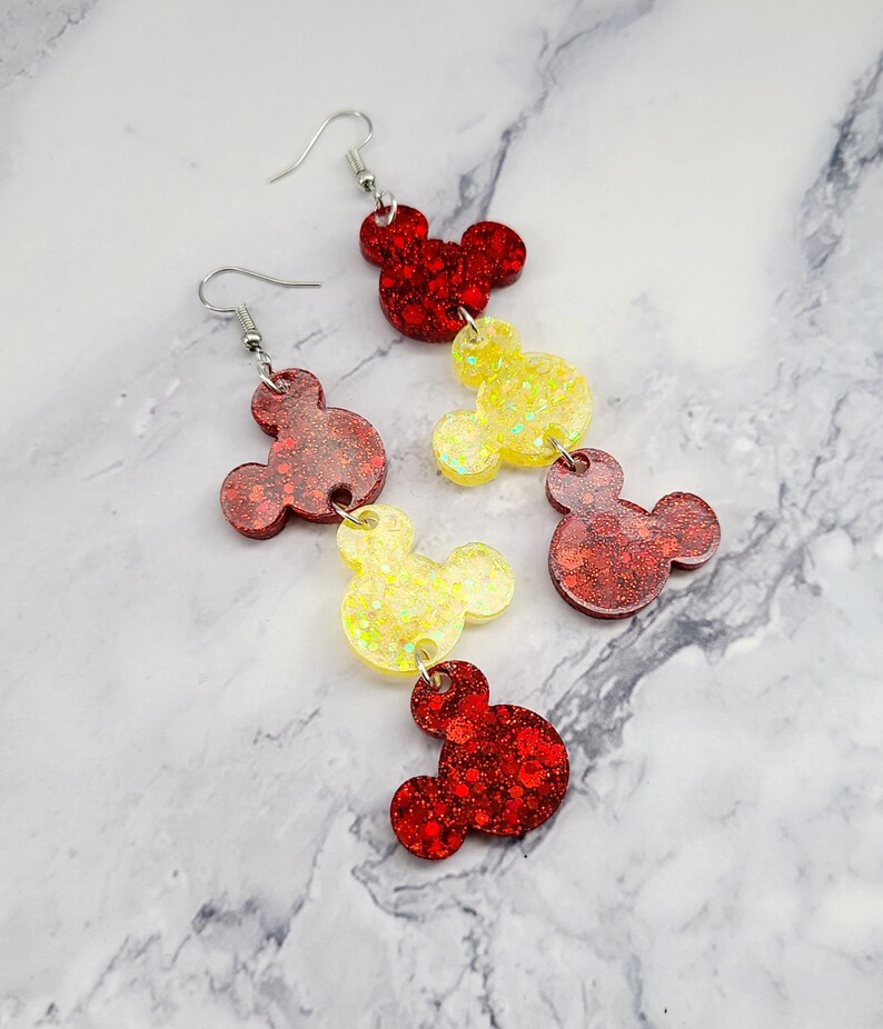 Mickey Dangle Earrings / Mickey Head Earrings / Disney Inspired Earrings / Fashion Dangle Earrings / Vacation Earrings / Glitter Resin Red/Yellow