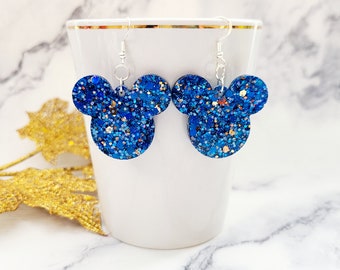 Blue Glitter Mickey Head Earrings / Disney Inspired Earrings / Mickey Studs / Blue and Gold Glitter Earrings / Gift For Her Under 15