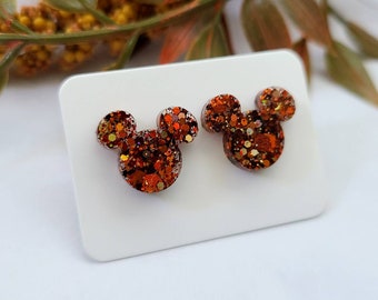 Pumpkin Spice Mickey Inspired Earrings / Mickey Inspired Stud Earrings / Fall Jewelry / Disney Inspired Earrings / Glitter Resin Earrings