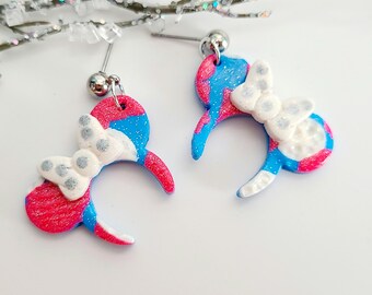 Make It Pink Make It Blue Minnie Ears Inspired Earrings: Hand-Painted Clay Bow Earrings For Vacation / Sleeping Beauty Princess Earrings