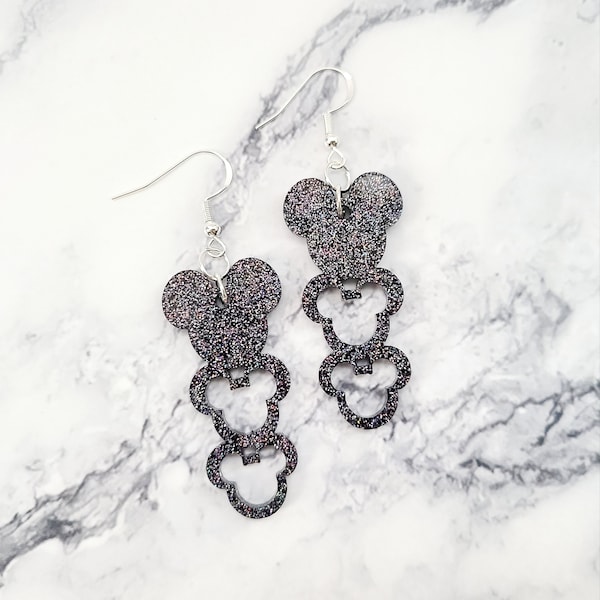 Mickey Head Dangle Earrings / Glitter Earrings / Resin Jewelry / Cute Vacation Earrings / Parks Earrings / Gift For Her Under 20