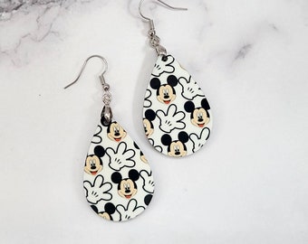 Mickey Earrings / Disney Inspired Earrings / Black and White Teardrop Earrings / Mickey Gloves / Gift For Her / Parks Style / Wood Earrings