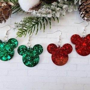 Disney Christmas Earrings / Mickey Dangle Earrings / Glitter Resin Earrings / Red and Green Christmas Jewelry / Disney Parks Inspired image 1