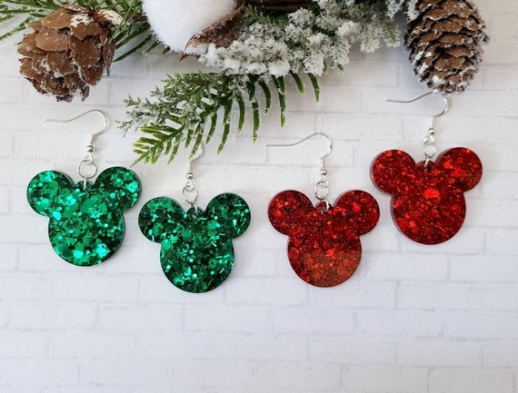 Disney Christmas Earrings / Mickey Dangle Earrings / Glitter Resin Earrings / Red and Green Christmas Jewelry / Disney Parks Inspired