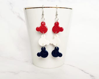 Mickey Dangle Earrings: 4th of July Fashion, Sterling Silver