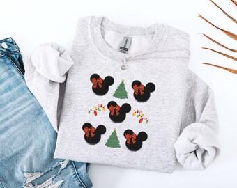 Sweat-shirt de Noël Minnie, pull des fêtes, pull de Noël, col rond festif, vêtements d'hiver pour vacances magiques, lumières de Noël