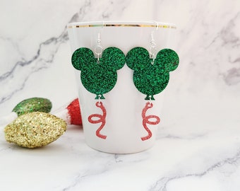 Christmas Mickey Balloon Earrings / Red and Green Glitter Earrings / Disney Inspired Earrings / Vacation Earrings / Gift For Her /