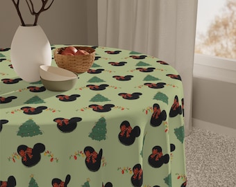 Op Disney geïnspireerd kersttafelkleed, vakantiedecor Minnie Mouse, hoes feestelijk diner, schattige cartoon keukenlinnen, winter