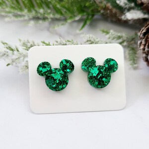 Disney Christmas Earrings / Mickey Dangle Earrings / Glitter Resin Earrings / Red and Green Christmas Jewelry / Disney Parks Inspired Green Mickey Studs