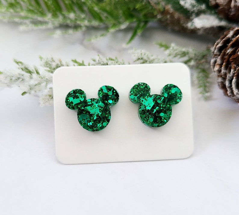 Disney Christmas Earrings / Mickey Dangle Earrings / Glitter Resin Earrings / Red and Green Christmas Jewelry / Disney Parks Inspired Green Mickey Studs