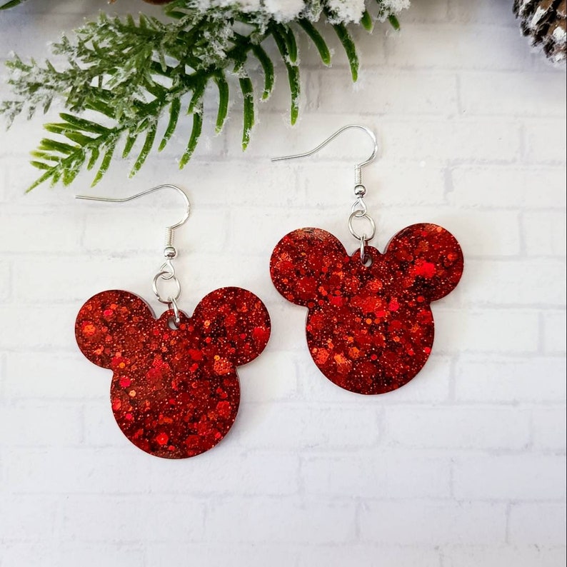 Disney Christmas Earrings / Mickey Dangle Earrings / Glitter Resin Earrings / Red and Green Christmas Jewelry / Disney Parks Inspired Red Mickey