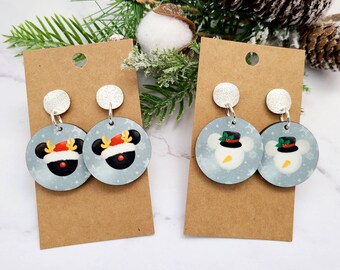 Disney Inspired Christmas Earrings / Mickey Earrings / Mickey Christmas Earrings / Snowman / Santa / Lightweight Wood Earrings / Gifts