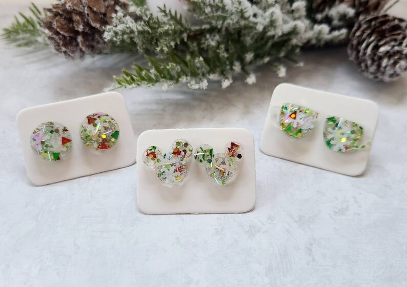 Christmas Mickey Stud Earrings / Christmas Earrings / Red and Green / Snowflake Jewelry / Gift Under 10 / Resin Jewelry / Disney Inspired image 2