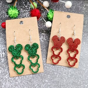 Disney Christmas Earrings / Mickey Dangle Earrings / Glitter Resin Earrings / Red and Green Christmas Jewelry / Disney Parks Inspired image 2