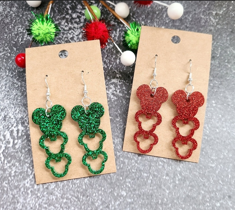 Disney Christmas Earrings / Mickey Dangle Earrings / Glitter Resin Earrings / Red and Green Christmas Jewelry / Disney Parks Inspired image 2