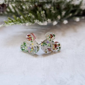 Christmas Mickey Stud Earrings / Christmas Earrings / Red and Green / Snowflake Jewelry / Gift Under 10 / Resin Jewelry / Disney Inspired image 5