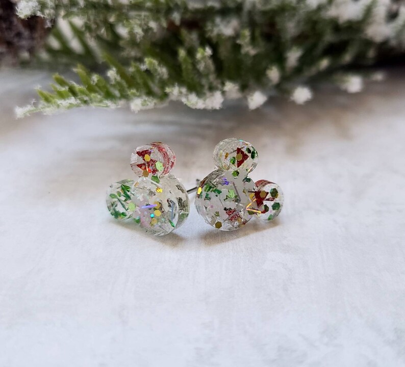Christmas Mickey Stud Earrings / Christmas Earrings / Red and Green / Snowflake Jewelry / Gift Under 10 / Resin Jewelry / Disney Inspired image 5