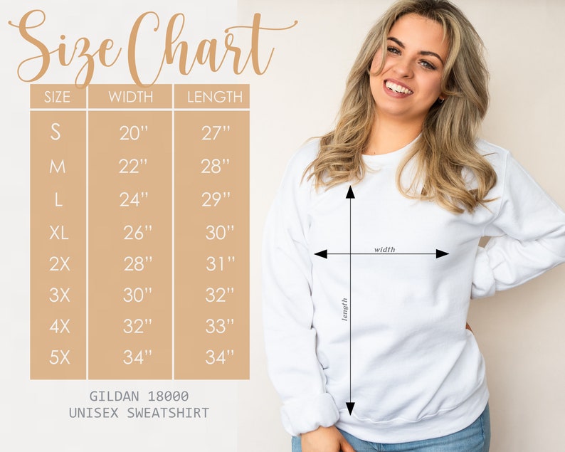 May include: A woman wearing a white Gildan 18000 unisex sweatshirt. The image includes a size chart with measurements in inches for sizes S through 5X. The chart shows width and length measurements for each size. The text "Size Chart" is at the top.