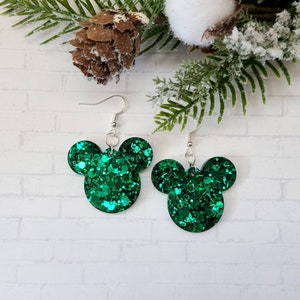 Disney Christmas Earrings / Mickey Dangle Earrings / Glitter Resin Earrings / Red and Green Christmas Jewelry / Disney Parks Inspired Green Mickey