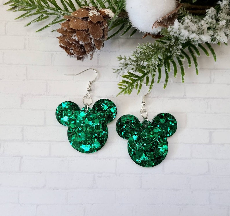 Disney Christmas Earrings / Mickey Dangle Earrings / Glitter Resin Earrings / Red and Green Christmas Jewelry / Disney Parks Inspired Green Mickey