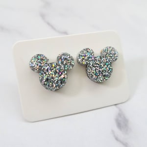 Mickey Stud Earrings / Glitter Earrings / Silver Earrings / Disney Inspired Jewelry / Gift For Her / Gift Under 10 / Disney Stud Earrings