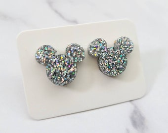 Mickey Stud Earrings / Glitter Earrings / Silver Earrings / Disney Inspired Jewelry / Gift For Her / Gift Under 10 / Disney Stud Earrings