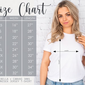 May include: Size chart for a unisex jersey t-shirt. The chart shows the width and length in inches for sizes XS to 5X.