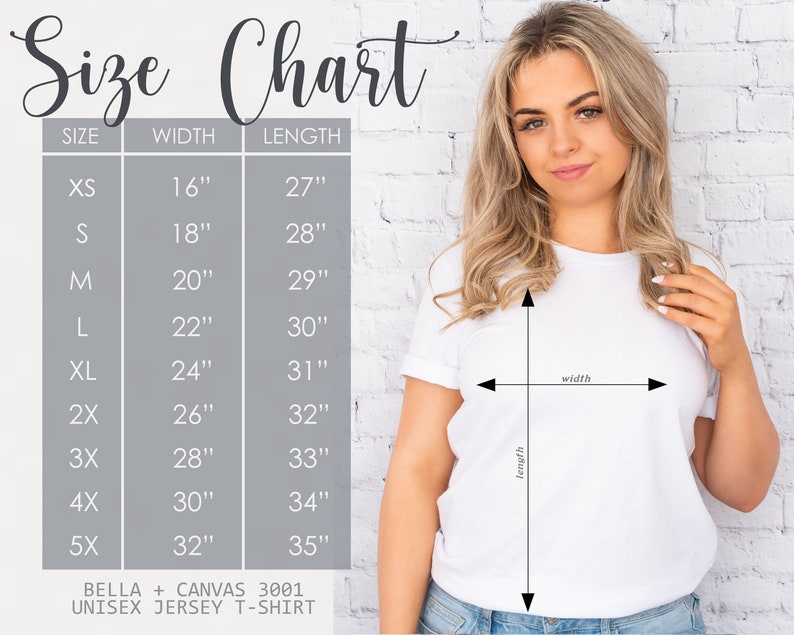 May include: Size chart for a unisex jersey t-shirt. The chart shows the width and length in inches for sizes XS to 5X.