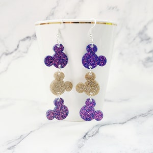 Mickey Dangle Earrings / Mickey Head Earrings / Disney Inspired Earrings / Fashion Dangle Earrings / Vacation Earrings / Glitter Resin Purple