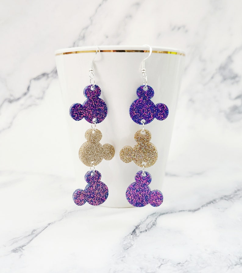 Mickey Dangle Earrings / Mickey Head Earrings / Disney Inspired Earrings / Fashion Dangle Earrings / Vacation Earrings / Glitter Resin Purple