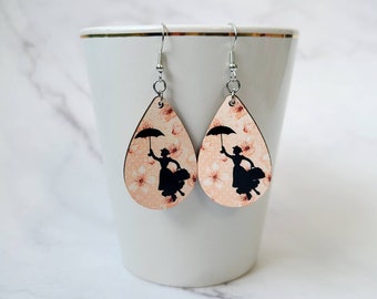 Mary Poppins Earrings / Disney Inspired Earrings / Lightweight Wood Earrings / Cherry Blossoms / Practically Perfect / Gifts Under 15