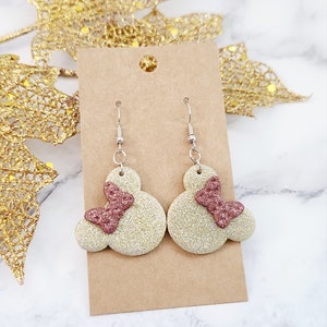 Minnie Earrings / Disney Inspired Earrings / Gold Glitter Polymer Clay Earrings / Gift For Her/ Minnie Bow Earrings / Vacation Earrings