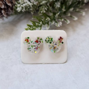 Christmas Mickey Stud Earrings / Christmas Earrings / Red and Green / Snowflake Jewelry / Gift Under 10 / Resin Jewelry / Disney Inspired image 1