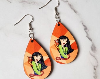 Mulan Earrings / Disney Inspired Earrings / Princess Earrings / Mulan and Mushu / Gifts Under 15 / Wood Earrings / Lightweight Earrings