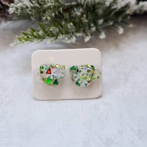 Christmas Mickey Stud Earrings / Christmas Earrings / Red and Green / Snowflake Jewelry / Gift Under 10 / Resin Jewelry / Disney Inspired image 3