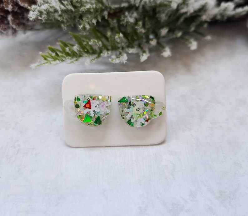 Christmas Mickey Stud Earrings / Christmas Earrings / Red and Green / Snowflake Jewelry / Gift Under 10 / Resin Jewelry / Disney Inspired image 3