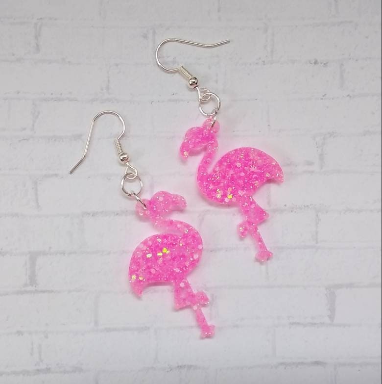 Pink Flamingo Glitter Earrings / Glitter Resin Earrings / Etsy