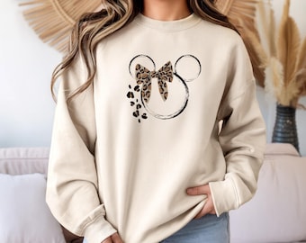Minnie Animal Print Bow Sweatshirt / Animal Print Sweatshirt / Minnie Bow Safari Sweatshirt For Vacation / Gift For Her