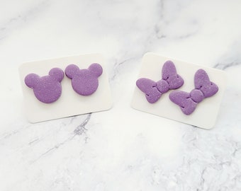 Purple Mickey Head Earrings / Disney Inspired Earrings / Minnie Bows / Polymer Clay Stud Earrings / Lavender Earrings
