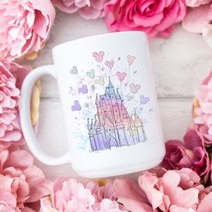 Rainbow Castle Coffee Mug / Disney Inspired Coffee Mug / Cinderella Castle / Mickey Balloons / Dishwasher Safe Mug / Gifts For Her Under 25