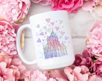Rainbow Castle Coffee Mug / Disney Inspired Coffee Mug / Cinderella Castle / Mickey Balloons / Dishwasher Safe Mug / Gifts For Her Under 25