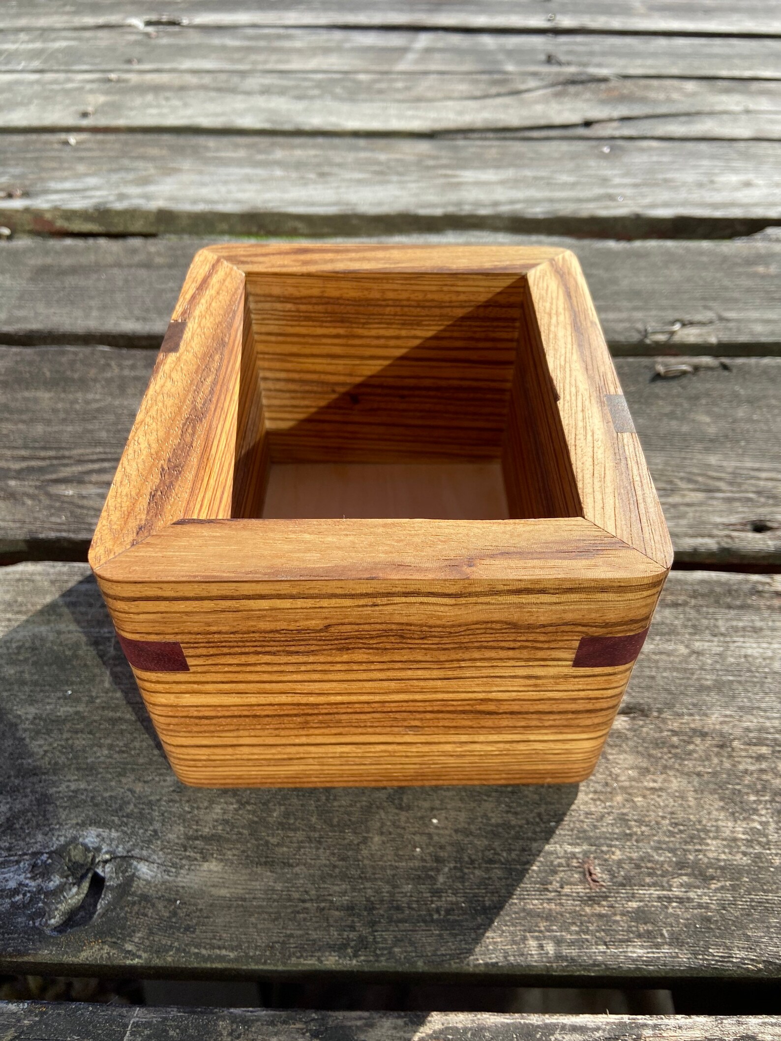 Zebra wood box with walnut inlays and Purple Heart splines. Etsy