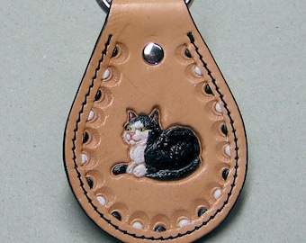 Tuxedo Cat Leather Key Fob