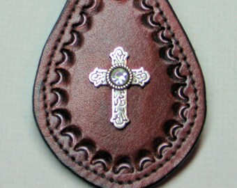 Cross With Crystal Rivet On Leather Key Fob