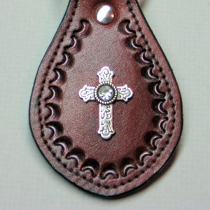 Cross With Crystal Rivet On Leather Key Fob